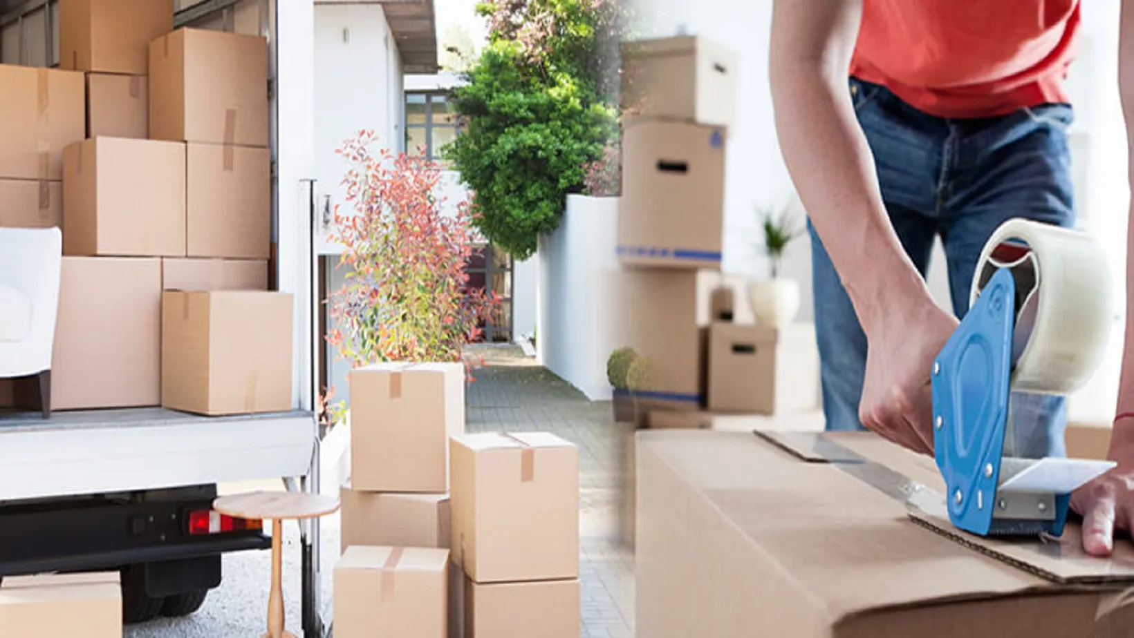 Packing boxes with tape gun (stock photo)